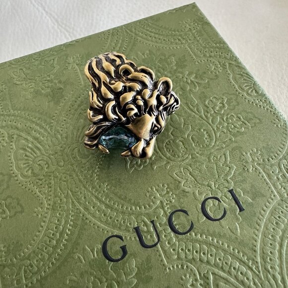 NEW Gucci Lion Head Gold Ring Blue Aquamarine Stone Size 10 IT 5.25 US - Picture 4 of 11